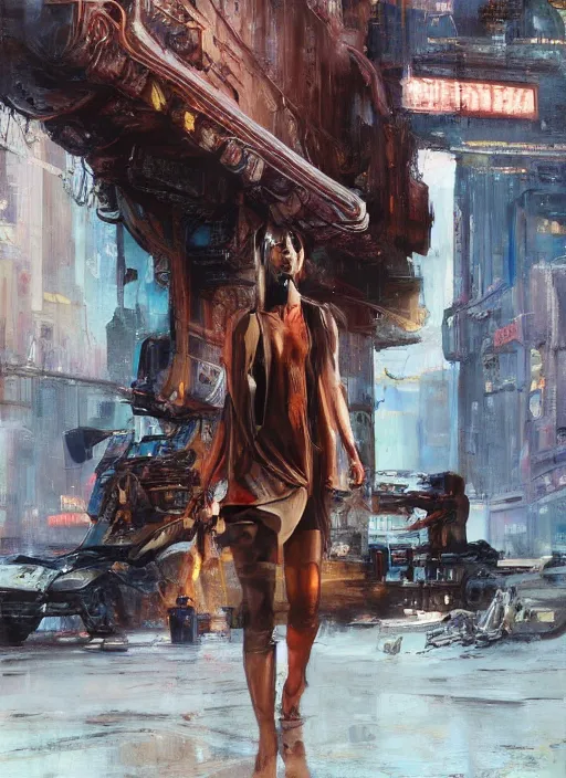 Image similar to Cyberpunk mechanic (blade runner 2049, cyberpunk 2077). Orientalist portrait by john william waterhouse and James Gurney and Theodore Ralli and Nasreddine Dinet, oil on canvas. Cinematic, hyper realism, realistic proportions, dramatic lighting, high detail 4k