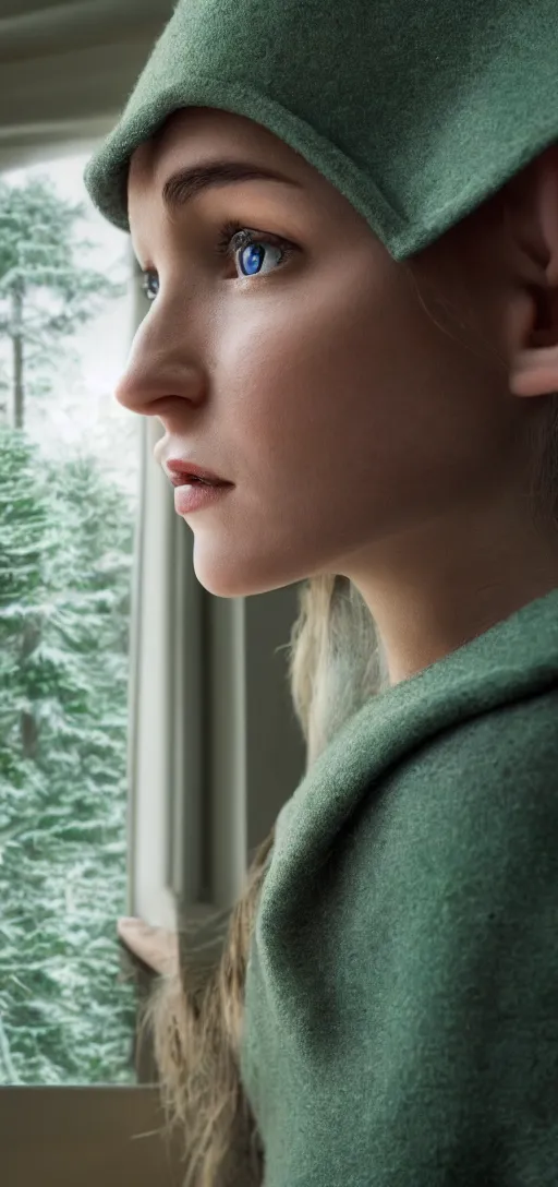 Image similar to an elf staring at the window looking at the trees outside, 8 k, ultra realistic