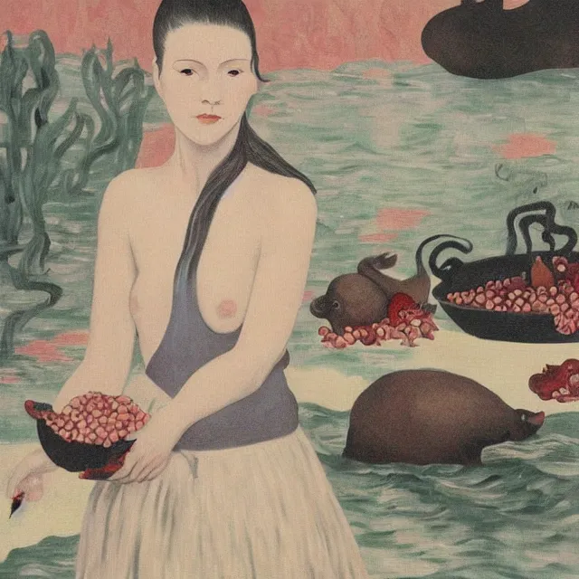 Image similar to tall emo female artist holding a pig's trotter in her flooded kitchen, pomegranates, octopus, water gushing from ceiling, painting of flood waters inside an artist's apartment, a river flooding indoors, ikebana, zen, rapids, waterfall, black swans, canoe, berries, acrylic on canvas, surrealist, by magritte and monet