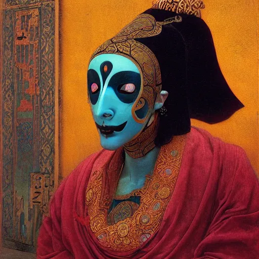 Prompt: portrait of masked Byzantine Tang Dynasty dancer on the art deco streets of the Undying Empire city of ya-Sattra during the Festival of Masks, award-winning realistic sci-fi concept art by Beksinski, Bruegel, Greg Rutkowski, Alphonse Mucha, and Yoshitaka Amano