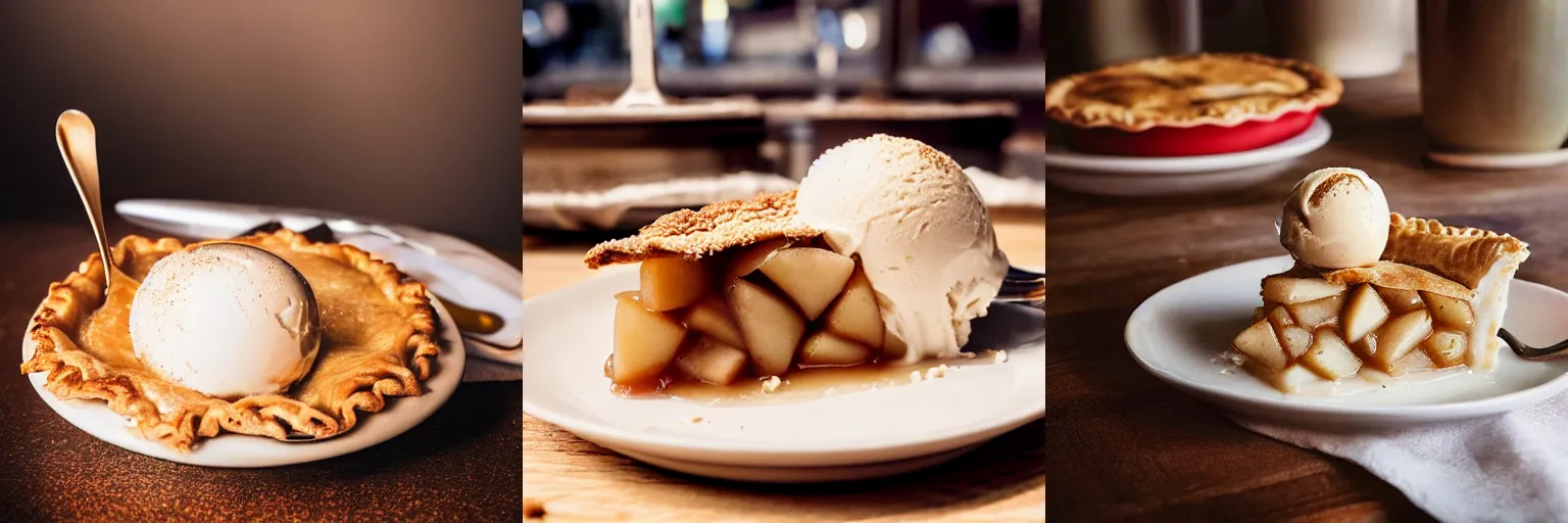 Prompt: photo of apple pie with a scoop of ice cream on a table in a dessert shop in new york city, photorealistic, ultra realistic, maximum detail, foreground focus, 8k, volumetric light, cinematic, octane render, food photography, recipes.com, epicurious, instagram