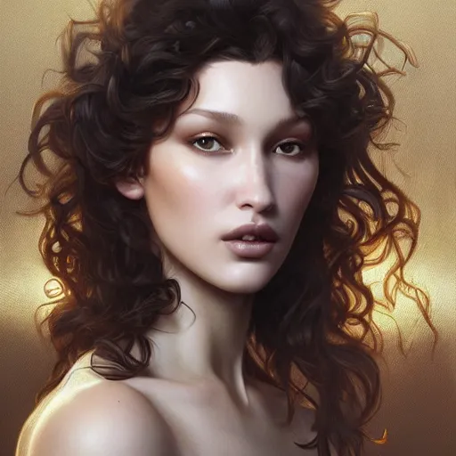 Image similar to ultra realistic illustration, bella hadid with a curly english mustache, intricate, elegant, highly detailed, digital painting, artstation, concept art, smooth, sharp focus, illustration, art by artgerm and greg rutkowski and alphonse mucha