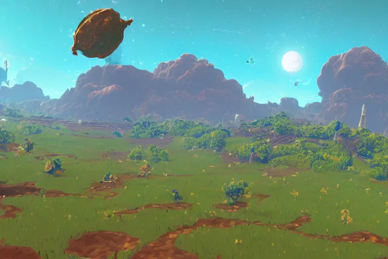 Image similar to computer game art, a small planet in the future, a Tinker's shack on a barren planet, wild berry vines, a berry farm, space junk, volcanoes, in the style of No Man's Sky and Breath of the Wild