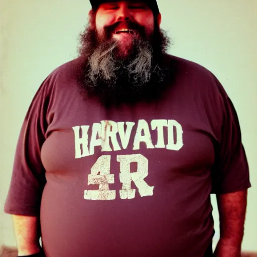 Prompt: obese redneck man with long beard wearing dirty and tattered harvard shirt, kodak gold 2 0 0,