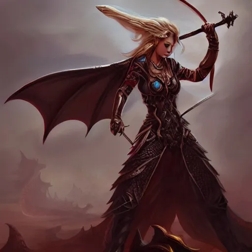 Image similar to a woman holding a sword with a dragon on it, concept art by Ami Thompson, contest winner, fantasy art, official art, concept art, high detail, experimental, high quality, 4k