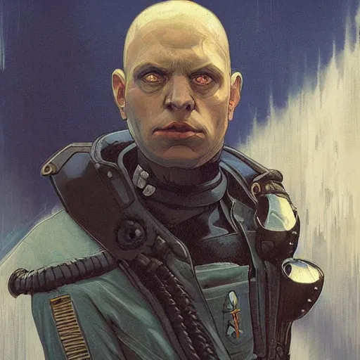 Image similar to portrait of rubbery albino mutant with moist skin, huge black eyes and determined expression, wearing fascist Byzantine police uniform and standing on cyberpunk docks, Dune concept art by Anato Finnstark, Alphonse Mucha, and Greg Rutkowski