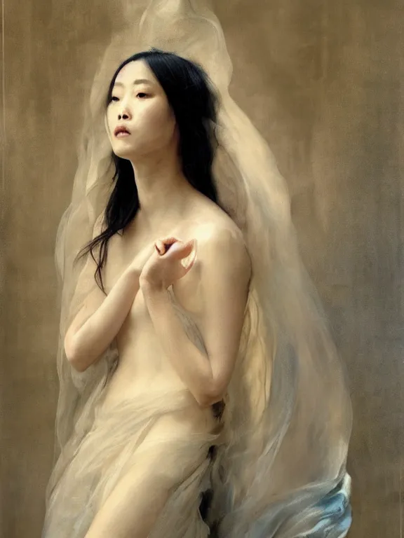 Prompt: loose painting of a sad, fragile, tattooed, cool, beautiful, veiled, asian girl covered in translucent flowing dress, endless flowing ethereal drapery, classical greece, alla prima, oil painting, by giovanni strazza, sargent and raffaelo monti, arranged in the golden ratio, powerful pose, epic composition, face fully visible, trending in artstation