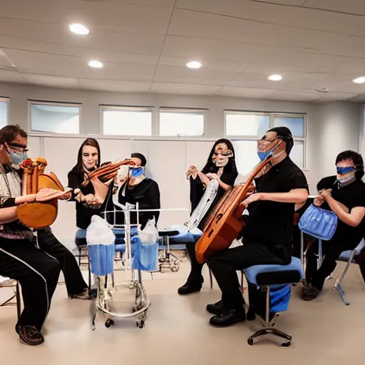 Prompt: doctors playing music with instruments made out of clear tubing, syringes, urine collection bag, iv pole, fluid bag, nebulizer equipment, bag - valve mask, intubation equipment, speculum, defibrillator, coban, flexiseal, picc dressing. capacity crowd at concert in surgical theater.