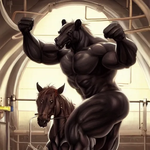 Image similar to splash art of a hyper - muscular black - coated anthropomorphic horse character in a research facility wearing a combat kevlar outfit, long hair, huge exaggerated muscles, highly detailed, furry, furaffinity, digital painting, artstation, sharp focus, illustration, art by artgerm, greg rutkowski, alphonse mucha