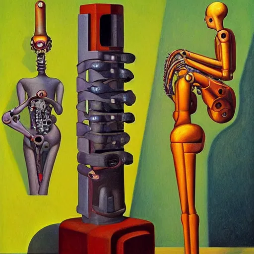 Image similar to biomechanical robot with soulful eyes portrait, lowbrow, pj crook, grant wood, edward hopper, oil on canvas