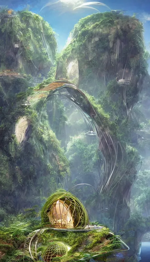 Prompt: beautiful portrait of bamboo living pods shaped like a sea shell built on the side of a cliff, the time machine, alien habitat, ufo by john berkey, panoramic view, ssci - fi, futuristic valley, rendered in octane, zbrush, art by artgerm, artwork by alex grey and brian froud and esao andrews and david hardy and arik brauer