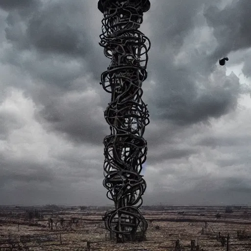 Image similar to giant evil bio-organic fleshy complex machine tower with tendrils and one eyeball at the top looking over a stormy post-apocalyptic wasteland, dystopian art