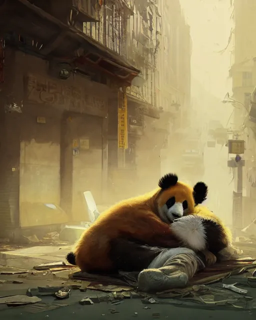 Prompt: highly detailed portrait of homeless and beaten up panda, in gta v, stephen bliss, unreal engine, fantasy art by greg rutkowski, loish, rhads, ferdinand knab, makoto shinkai and lois van baarle, ilya kuvshinov, rossdraws, tom bagshaw, global illumination, radiant light, detailed and intricate environment