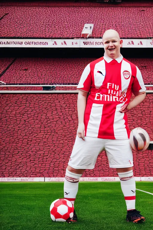 Image similar to mr blobby playing football in the stadium wearing the red and white arsenal shirt, photographed, sunny day, portrait, photographic