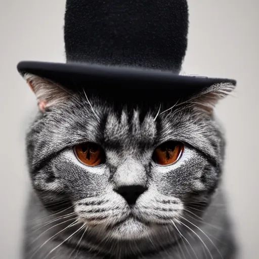 Prompt: front portrait photo of scottish fold cat wearing a black military hat, pure grey fur, world champion cat, highly detailed, high resolution, cosplay photo, stunning, bokeh soft, trending on instagram, by professional photographer, soldier clothing, american military uniform, shot with a canon