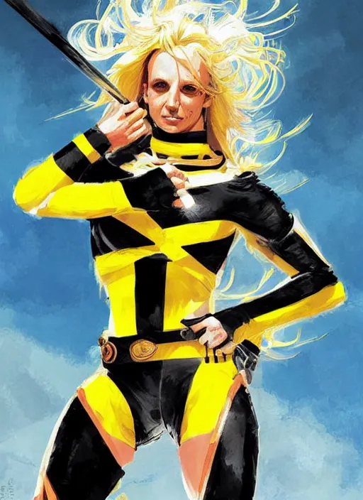 Prompt: britney spears as a yellow and black stripes luxurious power ranger by greg rutkowski, claude monet, conrad roset, takato yomamoto, rule of thirds, sigma look, beautiful