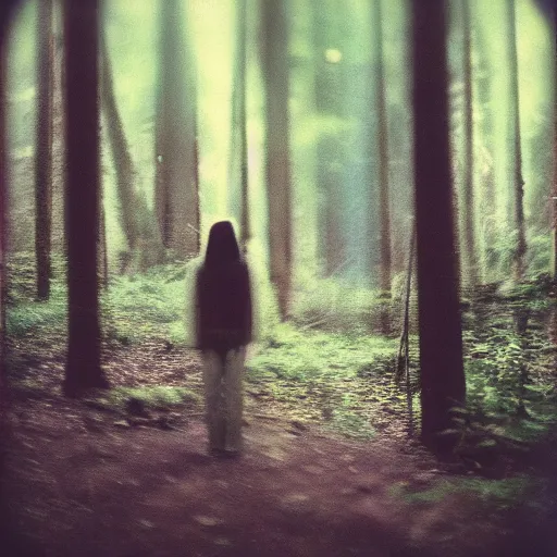 Prompt: skinwalker in a forest, blurry photo, polaroid, expired film,
