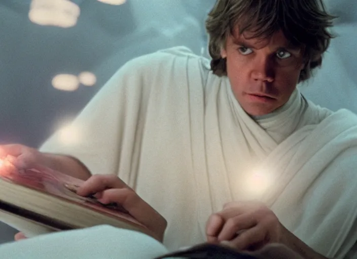 Prompt: detailed photo of Luke skywalker uncovering the glowing book of ancient jedi texts. a hazy ethereal ancient temple, screenshot from the 1983 film, Photographed with Leica Summilux-M 24 mm lens, ISO 100, f/8, Portra 400, kodak film, anamorphic lenses