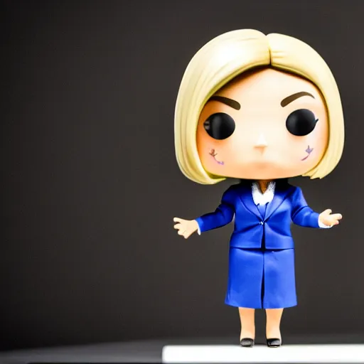 Image similar to Funko Pop doll of Marine Lepen taken in a light box with studio lighting, some background blur