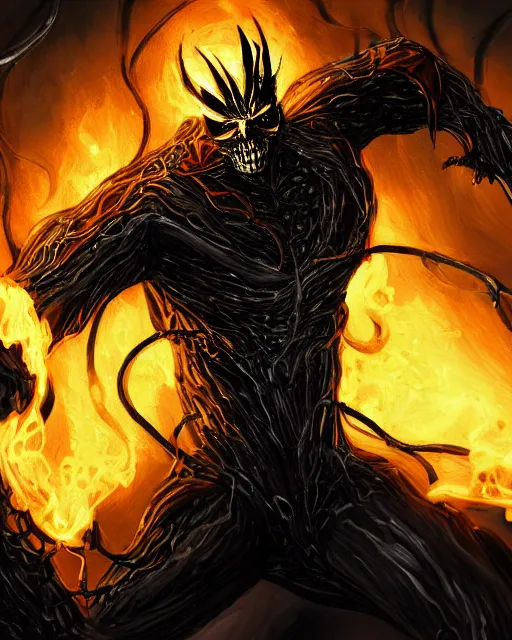 Image similar to ghost rider symbiote, dynamic lighting, fantasy concept art, trending on art station, stunning visuals, creative, cinematic, ultra detailed, comic strip style