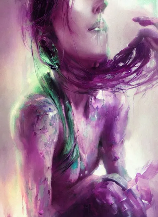 Prompt: purple and green colors, beautiful painting by jeremy mann, a female witch absurdly beautiful, elegant, ultrafine hyperrealistic detailed face illustration by wlop and artgerm and greg rutkowski, intricate linework, sharp focus, smooth, octopath traveler, final fantasy, unreal engine, dramatic lighting, ethereal, 8 k