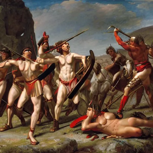 Prompt: muscular warrior women, spartan warrior women, women fighting men, muscular men, roman warrior men, clashing in bloody field, art by jacques - louis david