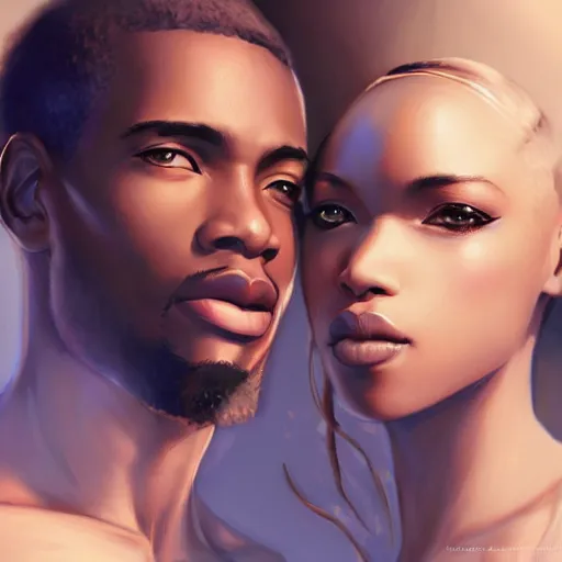 Image similar to beautiful black couple, highly detailed, trending on artstation, by artgerm, yoshitaka amano