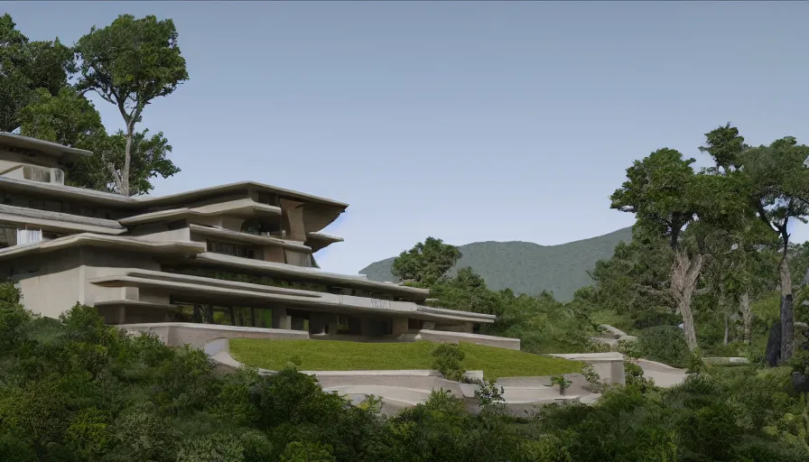 Image similar to villa inspired by tibetan architecture, on a green hill, overlooking a valley with trees, by sant ’ elia frank lloyd wright, zaha hadid, le corbeusier, photorealistic, ray tracing, unreal engine 5, dlsr, 2 4 mm, birds eye view