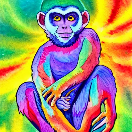 Prompt: watercolour of vibrant coloured psychedelic monkey painting a portrait of himself beside a campfire on a warm sunny day, 4 k, detailed