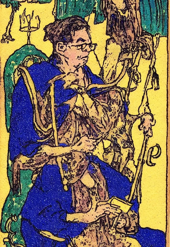 Image similar to Yann LeCun sitting on the throne on a tarot card, illustrated on the Rider–Waite tarot.