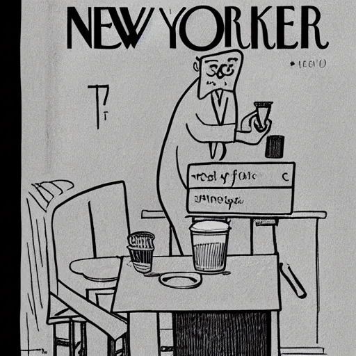 Image similar to new yorker cover showing a physicist drawing mathematical figures on a chalk board while drinking a coffee cup