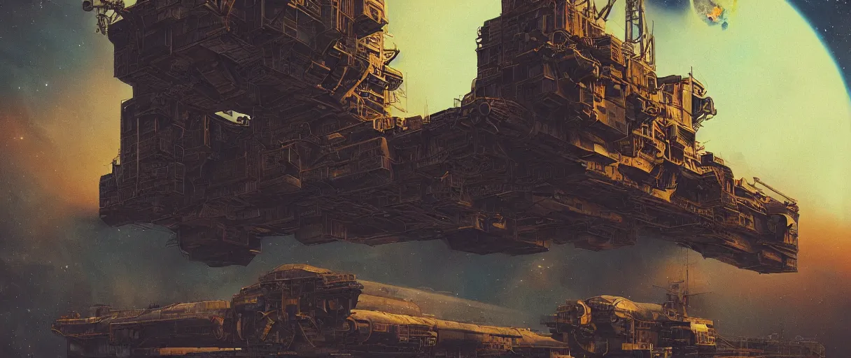 Image similar to lone industrial!!! spaceship!!, deep space exploration!!!, flying, ridley scott universe, the final frontier, illustrative!!, punk, painterly, hyperdetailed, hyperrealistic, utilitarian cargo ship, cinematic lighting, 4k, wide angle, beksinski, trending on artstation, (neon colors)