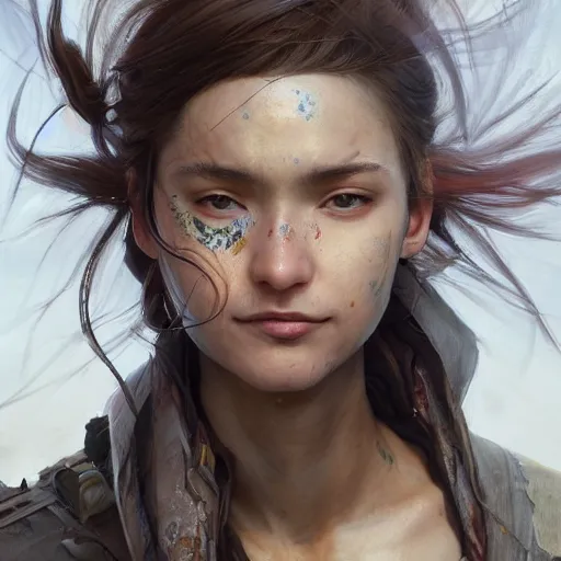 Image similar to A masterpiece portrait of a Incredibly beautiful queer Syberian post apocalyptic shaman girl . medium shot, intricate, elegant, highly detailed. trending on artstation, digital art, by Stanley Artgerm Lau, WLOP, Rossdraws, James Jean, Andrei Riabovitchev, Marc Simonetti, Yoshitaka Amano