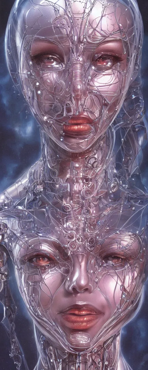 Prompt: a robotic goddess with transparent skin, highly detailed, futuristic, laser lit, digital painting, smooth, sharp, beautiful face, expressive eyes, highly intricate, art by Boris Vallejo and H.R. Giger