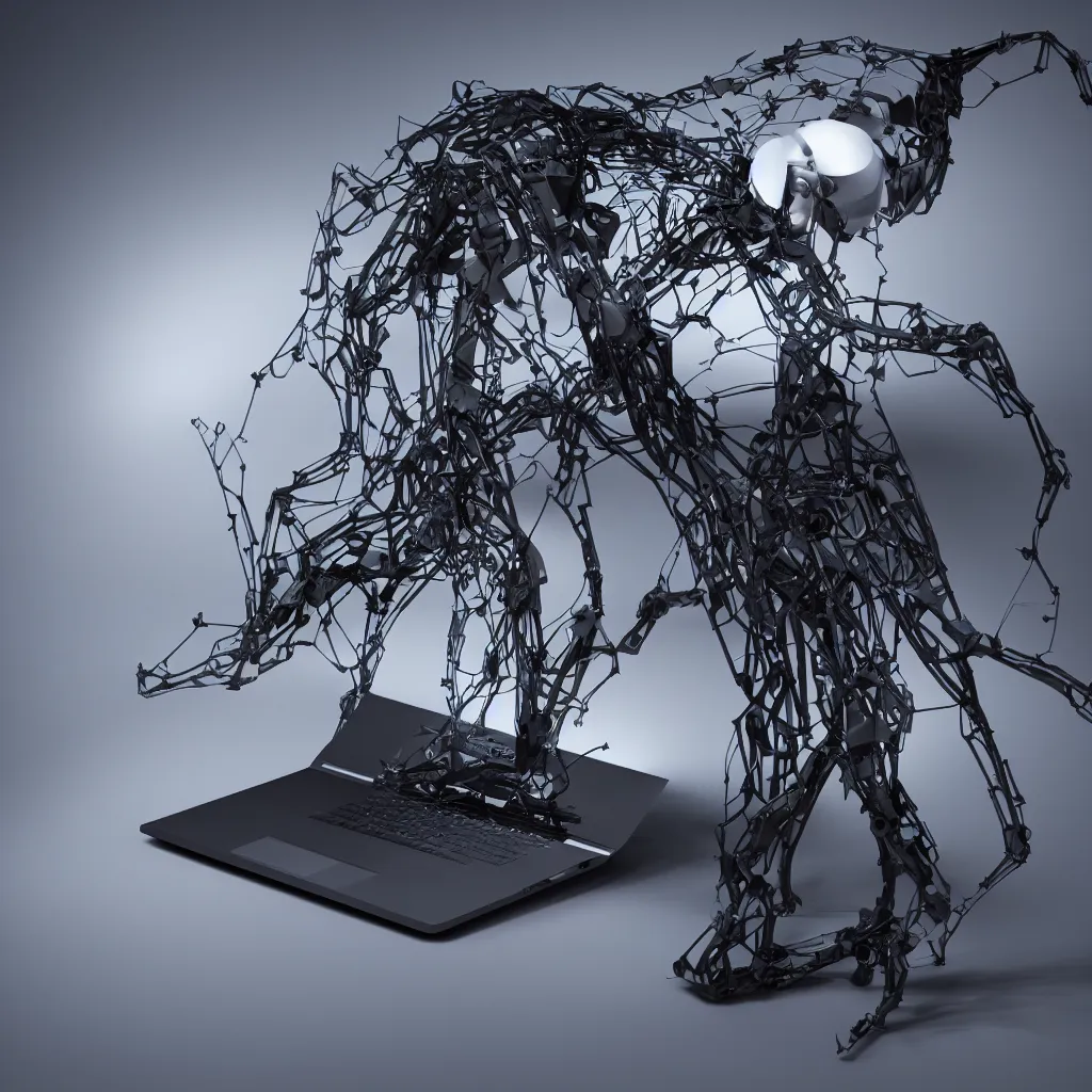 Image similar to generative design exoskeleton laptop computer, dark plastic, glowing lights, product shot, depth of field, octane render