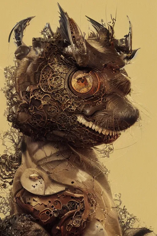 Image similar to a portrait of a japanese machine animal illustrated by miyazaki by karol bak, james jean, tom bagshaw, rococo, sharp focus, trending on artstation, cinematic lighting, hyper realism, octane render, 8 k, hyper detailed, vivid, ultra detailed, highly detailed