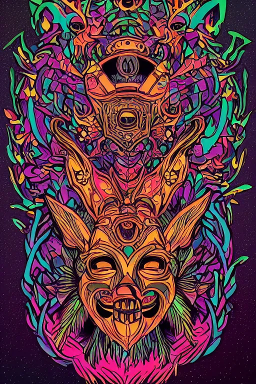 Image similar to animal mask totem roots flower tribal feather gemstone plant wood rock shaman vodoo video game vector cutout illustration vivid multicolor borderlands comics by josan gonzales and dan mumford radiating a glowing aura