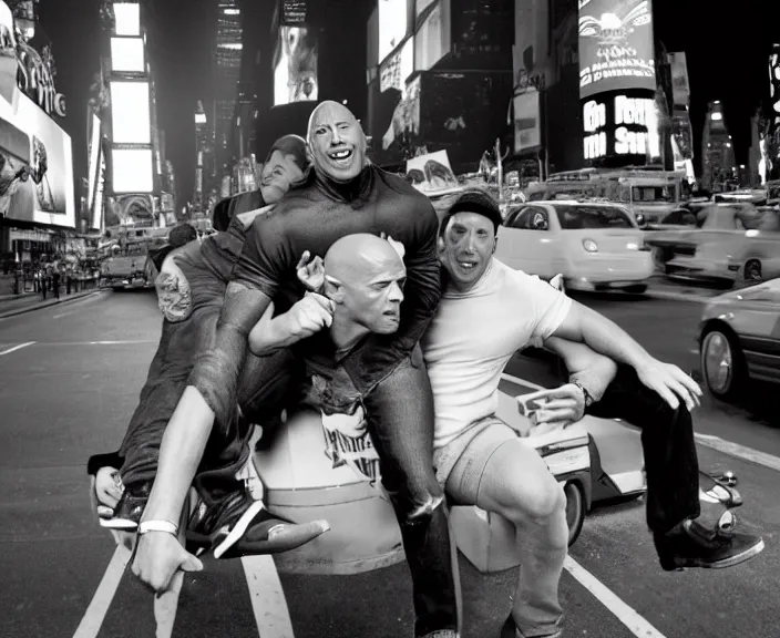 Prompt: Dwayne the Rock Johnson riding on Adam Sandler, Adam Sandler doing Methamphetamine at Times Square, Mew York City, photograph by Alfred Eisenstaedt, 4K, dramatic lighting; 4K 8K