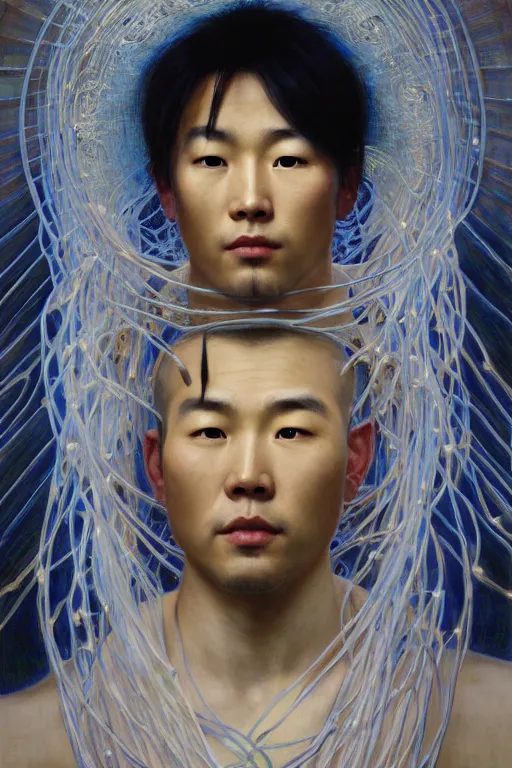 Image similar to hyperrealist portrait of an attractive angelic asian man, it is decorated with long wires that fall like vines and wears small computers over their body. by jeremy mann and alphonse mucha, fantasy art, photo realistic, dynamic lighting, artstation, poster, volumetric lighting, very detailed faces, 4 k, award winning