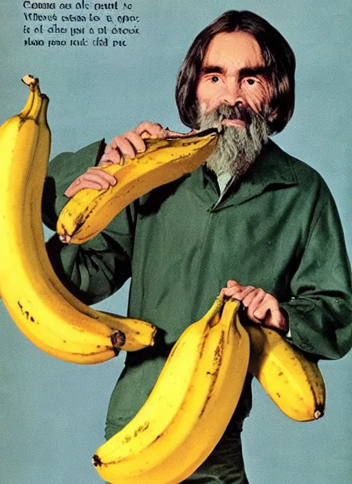 Image similar to vintage l. l bean magazine advertisement depicting charles manson slipping on a banana peel