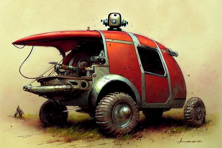 Image similar to adventurer ( ( ( ( ( 1 9 5 0 s retro future robot android mouse wagon rv offroad robot. muted colors. ) ) ) ) ) by jean baptiste monge!!!!!!!!!!!!!!!!!!!!!!!!! chrome red