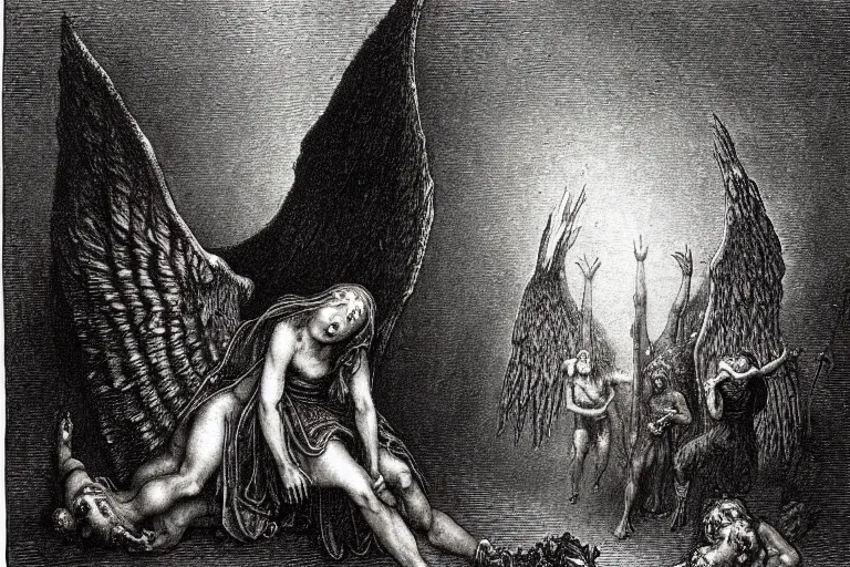 Image similar to fallen angel begs to enter the gates of hell by gustave dore and les edwards and hieronymus bosch