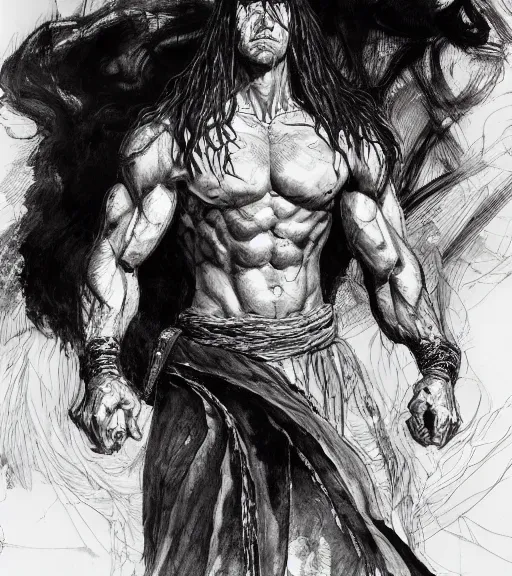 Image similar to portrait of tall muscular anime man with long hair wearing a dark robe, pen and ink, intricate line drawings, by craig mullins, ruan jia, kentaro miura, greg rutkowski, loundraw