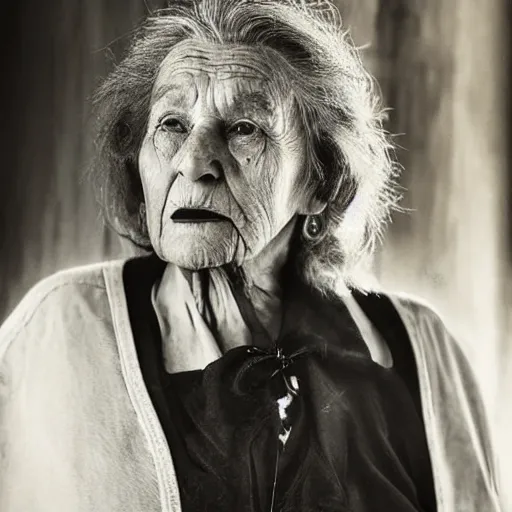 Image similar to an amazing award winning portrait photo of a old woman with black long hair, cinematic masterpiece