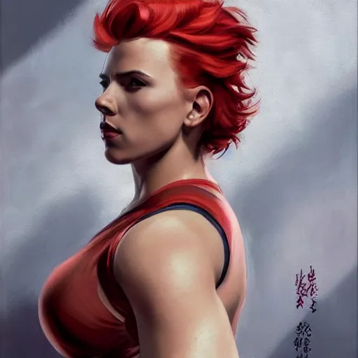 Prompt: greg manchess portrait of scarlett johansson as thick muscular weightlifter zarya from overwatch with ponytail and red hair, medium shot, asymmetrical, profile picture, organic painting, sunny day, matte painting, bold shapes, hard edges, street art, trending on artstation, by huang guangjian and gil elvgren and sachin teng
