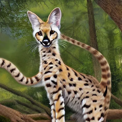 Prompt: photorealistic fantasy digital art of a serval whose torso is extremely long and thin and twisted into a coil, resembling a snake. it is in an oak forest. its tongue is a long forked snake - tongue. realistic high - resolution whimsical image.