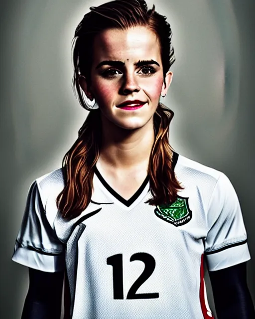 Image similar to a portrait of emma watson as a lokomotiv football player, hyper realistic