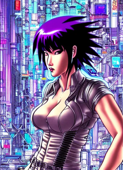 Image similar to motoko kusanagi in grungy cyberpunk megacity, intricate and finely detailed, cyberpunk vaporwave, portrait by j scott campbell