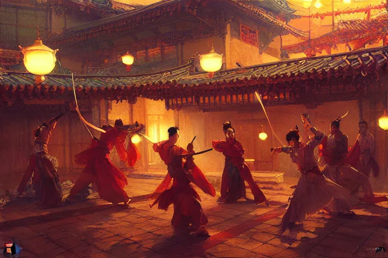 Image similar to wuxia, fight on the roof, neon light, painting by gaston bussiere, craig mullins, j. c. leyendecker