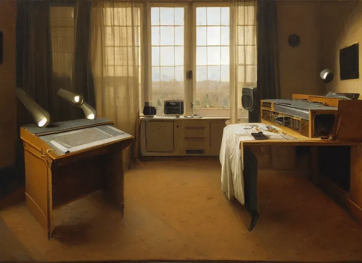 Image similar to still life painting of a retro electronics supercomputer built - in desk workstation battlestation by pieter claesz, oil on canvas, strong lighting, highly detailed, hyper realism, golden hour, god rays, hd, 4 k